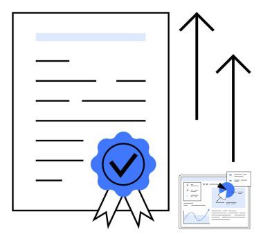 Mavi rozetli, yukarı doğru ok ve analitik torpido gözü olan sertifikalı bir belge. Başarı, büyüme, sertifika, başarı, analitik, iş stratejisi için ideal basit iniş sayfası