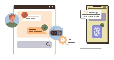 Üzerinde parmak izi tarayıcısı ve kod mesajı olan akıllı bir telefon. Kullanıcı, sohbet robotu ve doğrulama ile sohbet et. Siber güvenlik, kimlik doğrulama, güvenlik, şifreleme kullanıcı girişi için ideal. Basit düz
