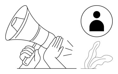 Bir megafonu durdurma, ses dalgaları bozulma, kullanıcı profili ikonu, küçük bitkiler. İletişim, sansür, nüfuz, kontrol otoritesi sosyal dinamikleri için idealdir. Basit düz