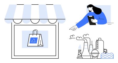 Vitrinin altında geri dönüşüm ikonu olan çevre dostu çanta, tabletle mesaj veren kadın, endüstriyel kirlilik. Sürdürülebilirlik için ideal, tüketici tercihleri, çevresel etki, yeşil yaşam