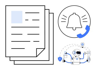 Belgeler, telefonlu alarm simgesi ve güvenlik, görev ve veri akışını yöneten yapay zeka robotu. Teknoloji, otomasyon, dijital hizmetler, belge işleme bildirimleri verimliliği için ideal
