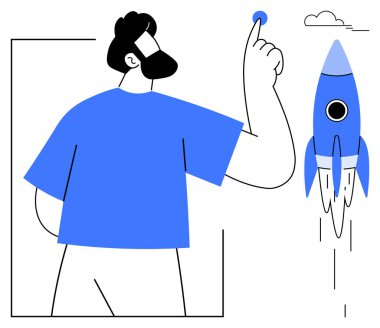 İnsanoğlu roketi gökyüzüne fırlatmak için düğmeye basıyor, yaratıcılığı, ilerlemeyi, hedefleri ve başarıyı temsil ediyor. Girişimcilik, teknoloji, motivasyon, yenilik girişimi liderlik ve takım çalışması için ideal