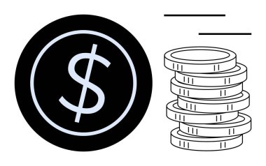 Siyah dolar işareti ve beyaz para yığını zenginliği, bankacılığı, tasarrufu, yatırımı, geliri, ekonomik büyümeyi temsil eder. İş, muhasebe, bütçe kârı için ideal basit düz metafor