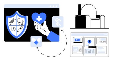 Elde tıbbi kalp ikonu, sağlık sembollü kalkan, grafikli web paneli ve MRI tarayıcısı. Sağlık, teknoloji, yenilik, tıbbi araştırma, koruma teşhisi için ideal