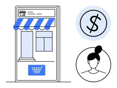 Mağaza tenteli ve alışveriş arabalı akıllı telefon uygulaması, kadın kullanıcı simgesi, dolar işareti. E-ticaret, perakende, mobil alışveriş, çevrimiçi pazar yeri, kullanıcı etkileşimi, dijital ödemeler için ideal