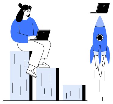 Dizüstü bilgisayarda çalışan kadın, ilerlemeyi ve analizi sembolize ediyor. Mavi roket başlangıç başarısını ve kalkış fikirlerini temsil ediyor. Teknoloji, iş, kariyer, büyüme, eğitim için ideal