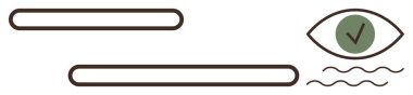 Yeşil işaretli bir göz, iki uzun yatay çubuk, dalgalı çizgiler. Doğrulama, kalite kontrol, onay, gözetim, uyum izleme için ideal. Basit düz metafor