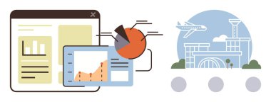 Dijital ekranlardaki tablolar ve grafikler analitikleri ve veri içgörülerini vurguluyor. Havaalanı, uçak ve terminal küresel ulaşımı simgeliyor. Teknoloji, seyahat, lojistik, endüstri ve iş için ideal