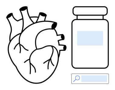 Anatomik kalp, ilaç şişesi ve arama barının yanında. Sağlık eğitimi, tıp bilimi, araştırma, sağlık hizmetleri yeniliği, eczacılık, halkın bilinci, basit iniş sayfası için ideal