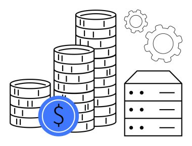 Üzerinde işaretli dolar sembolü, sunucu donanımı ve vites olan bozuk paralar. Finans, teknoloji, ekonomi, veri yönetimi, iş yeniliği, yatırımlar ve basit bir iniş sayfası için ideal