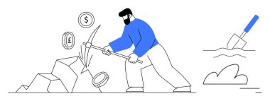 Kayalardan bozuk para çıkarmak için kazma kullanan, arka planda kürek kullanan bir adam. Kripto para birimi, yatırım, engelleme zinciri, dijital finans, madencilik, zenginlik oluşturma, basit bir iniş sayfası için ideal