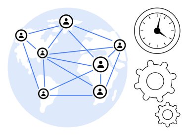 Dünya haritası, saati ve dişlileri birbirine bağlayan ikonlar işbirliğini, zaman yönetimini, verimliliği vurguluyor. Takım çalışması için ideal, küresel iş, bağlantı, üretkenlik yeniliği