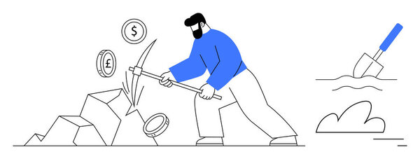 Человек, использующий кирку для извлечения валютных монет из камней, лопатой на заднем плане. Идеально подходит для криптовалют, инвестиций, блокчейна, цифровых финансов, майнинга, создания богатства, простой целевой страницы