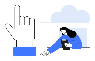 Kaldırılmış bir el hareketi ve arka planda bulut olan bir görevi gösteren bir pano ile oturan bir kadın. Takım çalışması, işbirliği, öğrenme, iletişim, üretkenlik ve eğitim için ideal