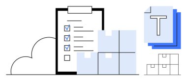 İşaretli ögelerle dolu kontrol listesi, istiflenmiş nakliye kutuları ve katmanlı belgeler. Lojistik, envanter, depo yönetimi, görev takibi, organizasyon, belge iş akışı için ideal basit