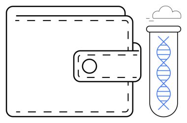 Bulutun yanında DNA sarmalı bulunan cüzdan ve test tüpü. Genetik, finans, biyoteknoloji, yenilik, yatırım, bilim, veri depolama için ideal. Basit düz metafor