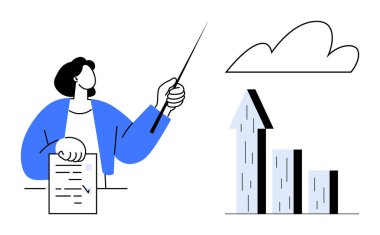 Kadın lider elinde bir belge tutarken yukarı doğru ok çizelgesine işaret ederek başarıyı, analitiği, takım çalışmasını, büyümeyi, stratejiyi, iş planlamasını sembolize ediyor. Sunumlar ve raporlar için ideal web sitesi