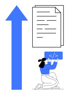 Geliştirici diz çöküp kod sembolü tutuyor, yukarı doğru büyük ok, veri belgesi. Programlama, geliştirme, teknoloji büyümesi, başarı görselleştirme, kodlama eğitimi, programlama araçları için ideal