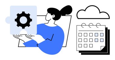 Bulut depolama ve takvimin yanında bulmaca parçası tutan kadın. Takım çalışması, planlama, veri entegrasyonu, bulut teknolojisi, verimlilik, problem çözme ve yönetim için ideal. Basit bir daire.