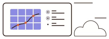 Veri noktaları, ayarlar menüsü, çizgiler ve bulut ögesiyle şebeke tabanlı çizgi grafiği. Veri analizi, teknoloji, dijital trendler, yenilik, bulut hesaplama yazılım araçları için ideal basit düz metafor