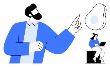 Kadın dizüstü bilgisayarda çalışırken erkek soyut bir fikre doğru hareket ediyor. İşbirliği, takım çalışması, beyin fırtınası, yenilik, yaratıcılık, teknoloji, uzaktan çalışma için ideal. Basit düz metafor