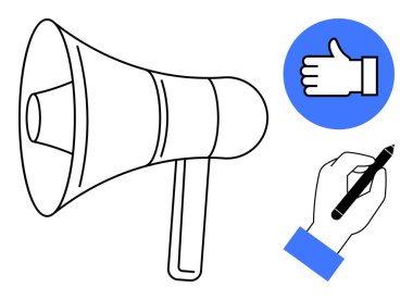 Büyük bir megafon, el ele tutuşma kalemi, mavi dairede baş parmak işareti. İletişim, pazarlama, geri bildirim, promosyon, işbirliği, basit bir iniş sayfası için ideal
