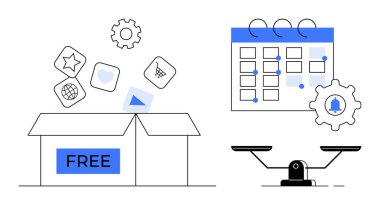 Bir takvimin, çark anımsatıcısının ve denge ölçeğinin yanında ücretsiz etiketli ve uygulama simgeleri serbest bırakılıyor. Üretim, organizasyon, kaynak planlaması, zamanlama ve denge yönetimi için ideal