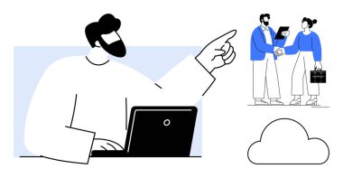 Dizüstü bilgisayardaki mesleki tartışmalar, fikir alışverişi ve modern işbirliğini sembolize eden bulut elementleri. Takım çalışması, teknoloji, yenilik, bulut hesaplama, iş için ideal