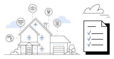Akıllı ev bağlantılı cihazları gösteriyor. Işıkları, termostatı, güvenliği ve su sistemlerini kontrol ediyor. Ev otomasyonu, enerji verimliliği, güvenlik, İOT, teknoloji görevi için ideal