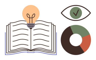 Parlayan ampullü açık bir kitap, yeşil işaretli bir göz ve segmentli turta grafiği. Eğitim, öğrenme, araştırma, analiz, yaratıcılık problem çözme buluşları için idealdir. Basit düz metafor