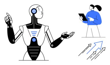 Yapay zeka destekli insansı açıklamalar, profesyonel tablet tutma, gelişmeyi ve büyümeyi simgeleyen oklar. Teknoloji, yapay zeka entegrasyonu, yenilik, veri analizi, eğitim, otomasyon için ideal