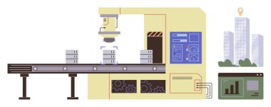 Robotik kol, taşıma bandındaki malları işler. Yakınındaki ekranlar ölçümleri gösteriyor. Arka plandaki binalar. Teknoloji, üretim, otomasyon, endüstri, yenilik, mühendislik için ideal