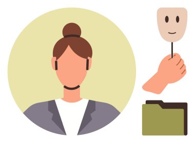 Kulaklık takan profesyonel kadın iletişimi temsil ediyor. Eldeki maske çift kimliği sembolize ederken, dizin gizlilik öneriyor. Kimlik, iletişim, mahremiyet, profesyonellik için ideal