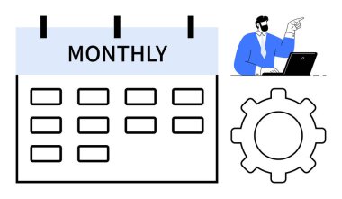 Aylık takvim işaretli, iş akışını sembolize eden büyük dişli ve dizüstü bilgisayardaki kişi. Planlama, organizasyon, iş akışı, verimlilik, proje yönetimi ekip çalışması için ideal. Temiz daire