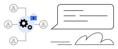 Satır, dişli ve kilitli asma kilit ile bağlanan kullanıcılar takım çalışmasını, güvenli veri paylaşımını ve bulut temelli sohbeti vurguluyor. İşbirliği, güvenlik, iş akışı, bulut iletişimi çözümleri için ideal