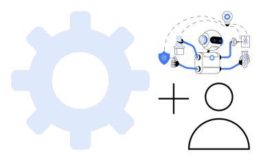 Otomasyon, yenilik ve takım çalışmasını gösteren çoklu görev yapan bir robotun yanında çark ve insan simgesi. AI entegrasyonu, robotik, üretkenlik, teknoloji, verimlilik, dijital araçlar için ideal