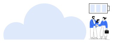 Büyük bulut şekli, akü ikonu ve tabletle etkileşen iki profesyonel. Teknoloji, iş çözümleri, bulut hesaplama, işbirliği, yenilik, uzak çalışma ve enerji için ideal