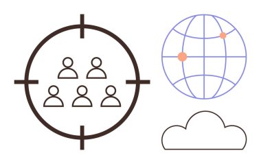 Crosshair bir grup insana odaklanıyor, konumları olan bir dünya, bulutlar. Pazarlama için ideal, hedef kitle, küresel erişim, bağlantı, strateji analitik teknolojisi. Basit düz metafor