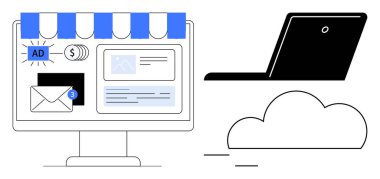 İnternet araçlarını tasvir eden bir bulut ve dizüstü bilgisayar ekranı, depolama arayüzü, reklam simgesi, e- posta ve para işareti. Ekommerce, bulut hesaplama, uzak çalışma, pazarlama, e-posta için ideal