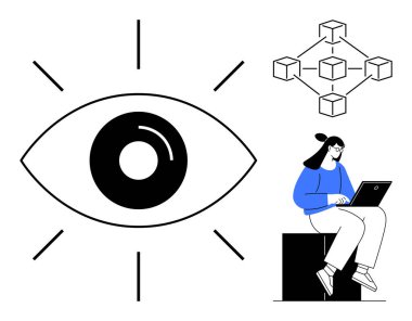 Görmeyi ve tetikte olmayı sembolize eden göz, dizüstü bilgisayarda yazan kadın, engelleme ağı bağlantıları. Teknoloji, yenilik, güvenlik, yaratıcılık, veri stratejisi, gelecekteki perspektifler için ideal. Basit düz