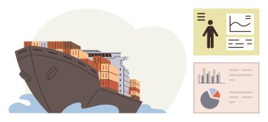 Su üzerinde konteynır taşıyan kargo gemisi, analitik grafikler ve iş verileriyle birlikte. Küresel ticaret, taşımacılık, lojistik, analitik, tedarik zinciri, ekonomi ve denizcilik için ideal