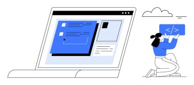 Kullanıcı arayüzünü gösteren büyük dizüstü bilgisayarın yanında geliştirme araçları ile çalışan kodlayıcı. Programlama, web geliştirme, kodlama dersleri, teknoloji, bilişim eğitimi, yazılım testi, basit iniş için ideal