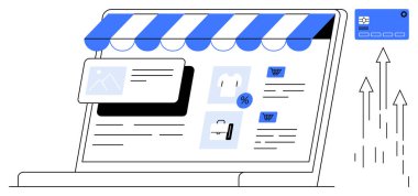 Mağaza tenteli dizüstü bilgisayar, ürün listeleri, el arabası simgeleri, indirim etiketleri ve kredi kartı. E-ticaret için ideal, çevrimiçi iş, dijital ödemeler, perakende alışveriş eğilimleri web tasarımı basit düz tasarım