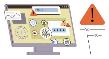 Web sitesi sorunları, uyarı simgeleri, kötü amaçlı yazılımlar ve veri risklerini gösteren monitör. Siber güvenlik, dolandırıcılık, çevrimiçi güvenlik, koruma, önleme amaçlı kötü amaçlı yazılım alarmı ve veri sızıntısı kavramları için ideal
