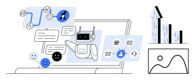 Mesajları olan yapay zeka sohbet robotu, geri bildirim analizi, grafikler ve iş akışı simgeleri bir dizüstü bilgisayarda. Otomasyon, müşteri hizmetleri, teknoloji, analitik, pazarlama AI araçları için ideal basit iniş sayfası