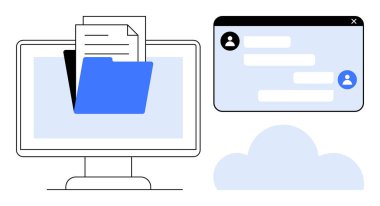 Açık klasörü ve dosyaları olan bilgisayar ekranı iletişim için sohbet penceresi ve bir bulut. Takım çalışması, dosya depolama, veri alışverişi, çevrimiçi toplantılar, uzaktan çalışma, dijital araçlar için ideal