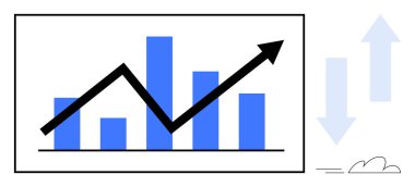 Bir kutunun içinde çerçevelenmiş mavi çizginin üzerinde yukarı doğru siyah bir çizgi çizelgesi. Okları çevreleyen ve bulut büyümeyi, veri eğilimlerini, finansmanı ve başarıyı anımsatıyor. İş için ideal, analitik, yatırım, ekonomi