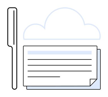 Kalem, katmanlı dokümanlar biçimlendirilmiş bulut çizgisi altında. Bulut hesaplama, dijital depolama, çevrimiçi işbirliği, dosya paylaşımı, iş akışı organizasyonu, üretkenlik araçları, basit düz metafor