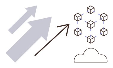 Küp ve bulut zincirlerinden oluşan bir ağı işaret eden birden fazla ok. Teknoloji, yenilik, ölçeklenebilirlik, veri işleme, engelleme, bulut hesaplama, ademi merkeziyet için idealdir. Basit düz