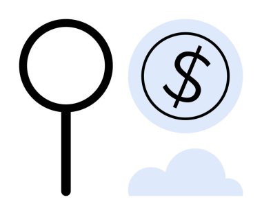 Dolar işaretinin yanındaki büyüteç bulutlarla çevrili, finansal analizi ve internet hizmetlerini sembolize ediyor. Finans, yatırım, para yönetimi, dijital ekonomi, araştırma ve e-ticaret için ideal